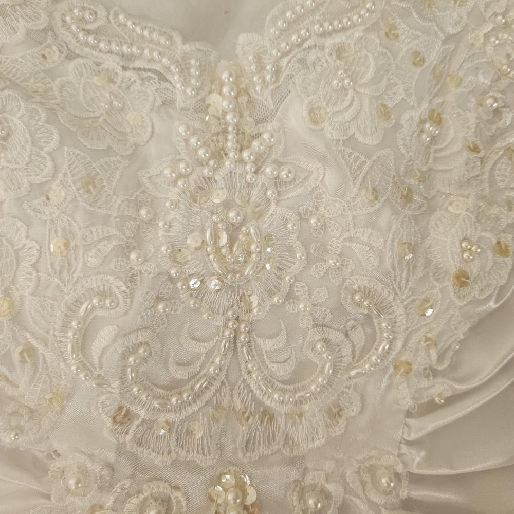 Preserved 90s Vintage White Lace and Pearl Embellished Wedding Dress